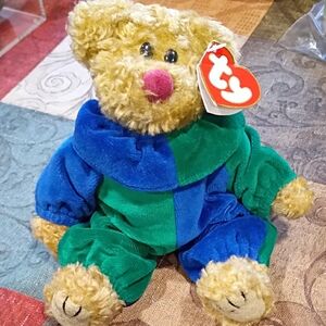 Ty Plush Bear in Blue and Green Outfit